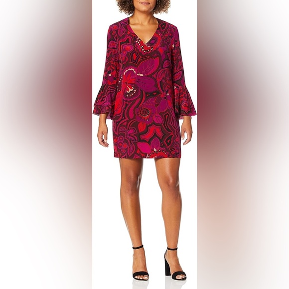 Trina Turk Red and Pink Floral Long Sleeve Mini Dress size Small - Picture 3 of 7